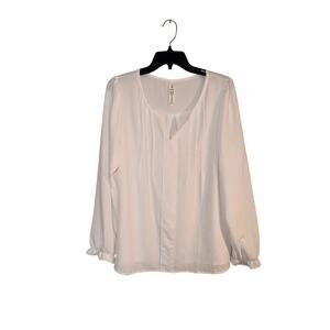 B Collection Women’s Large White Split Neck Long Sleeve Blouse Sheer Flowy Top